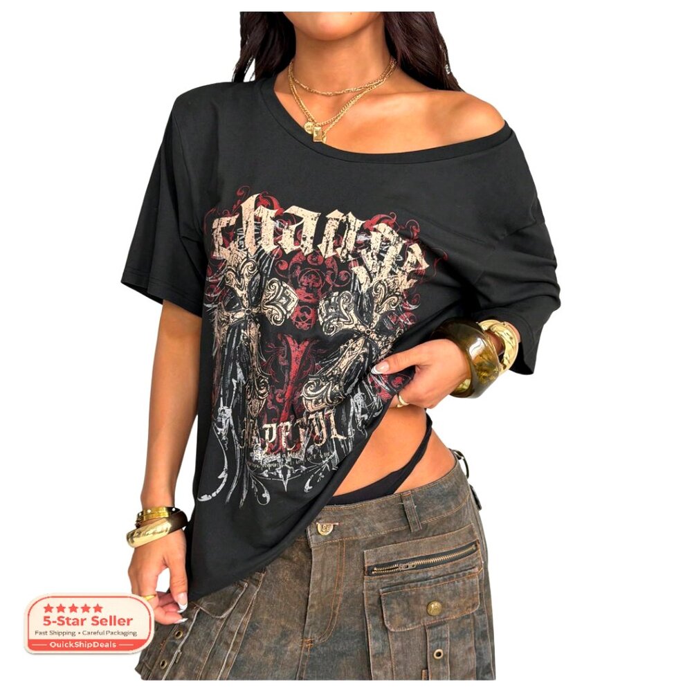 Oversized Off Shoulder Graphic Tee, Polyester Stretch, Y2K Goth Top